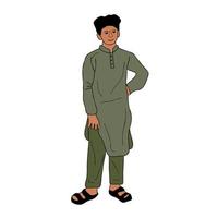 Pakistaans jong Mens vervelend de shalwar kameez portret, jongen in traditioneel moslim kleding in vrij houding vector illustratie