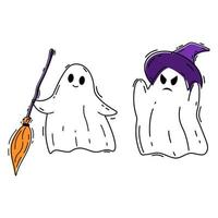 tekenfilm halloween geesten met bezem en heks hoed. vector illustratie