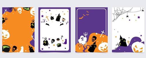 partij halloween ansichtkaart met web, spin, vleermuis, pompoen, huis, skelet vector
