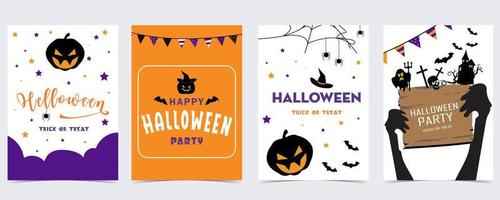 partij halloween ansichtkaart met web, spin, vleermuis, pompoen, huis, skelet vector