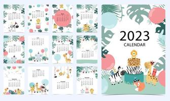 schattig kalender 2023 met safari voor kinderen.kunnen worden gebruikt voor afdrukbare grafisch vector