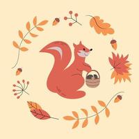 schattig tekenfilm weinig gelukkig eekhoorn. vector helder eekhoorn icoon met vallend herfst bladeren en bessen. vector illustratie voor kinderen. Hallo herfst poster.