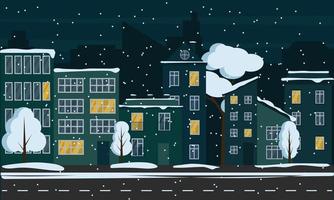 winter straat achtergrond met sneeuw in nacht. chrismas huis in sneeuw vector illustarion