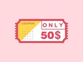 50 dollar enkel en alleen coupon teken of etiket of korting tegoedbon geld besparing label, met coupon vector illustratie zomer aanbod loopt af weekend vakantie