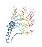 karaoke muziek- icoon in tekening stijl. muziek. liedje. microfoon met aantekeningen vector tekenfilm illustratie Aan wit geïsoleerd achtergrond. audio uitrusting concept met helder regenboog melodie effect
