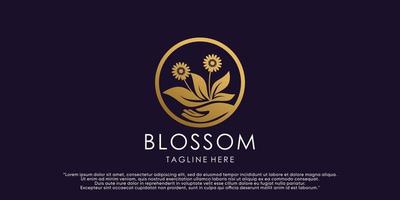 creatief bloemen bloesem logo ontwerp sjabloon met hand- en blad element premie vector