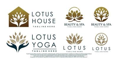 reeks van lotus bloem logo ontwerp met huis icoon en blad element premie vector