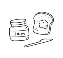 pot van jam, geroosterd brood en mes geïsoleerd Aan wit achtergrond. voedsel voor ontbijt of voor een tussendoortje. vector hand getekend illustratie in tekening stijl. perfect voor kaarten, decoraties, logo, menu, recepten.