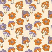 jaren 70 groovy paddestoel naadloos patroon, psychedelisch hippie champignons. madeliefjes bloemen met ogen. retro jaren 60. vector illustratie. bloem stroom.