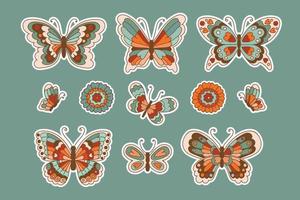 jaren 70 vlinders en bloemen stickers verzameling in wijnoogst stijl. reeks van geïsoleerd insecten vector illustratie.