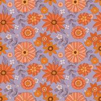 jaren 70 bloemen achtergrond, groovy bloem naadloos patroon. hippie esthetiek, wijnoogst stijl, vallen kleuren. zonnebloemen en dahlia's met Purper gebladerte. retro textiel ontwerp, vector illustratie. boho chique