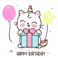 eenhoorn kat in verjaardag partij met geschenk en ballon vector