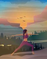 digitaal illustratie van een yogi meisje aan het doen yoga in natuur Bij zonsondergang in de bergen vector