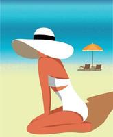 vector illustratie van een meisje in een hoed en bikini in de zomer Aan vakantie in een zittend houding poseren en zonnen Aan de zand door de oceaan tegen een achtergrond zon ligstoel en paraplu