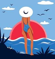 vector illustratie van een meisje in vol groei in een hoed en bikini Aan vakantie staat met haar terug geconfronteerd de zon en looks Bij de zonsondergang dageraad