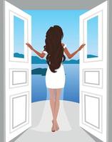 vector illustratie meisje Aan vakantie Aan de balkon van de villa opent de deur looks Bij de zee