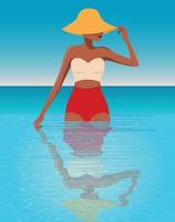 digitaal illustratie van een meisje model- in de zomer Aan vakantie in een helder bikini in de zwembad met uitzicht de oceaan vector