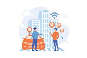 zakenman met smartphone huurt een auto in de straat via auto delen onderhoud. auto delen onderhoud, kort periodes huur, het beste taxi alternatief concept. vlak vector modern illustratie