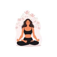 meisje aan het doen yoga, yoga houding van vrouw karakters. meditatie opdrachten in de lotus positie. vector illustratie