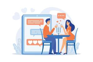 Mens en vrouw gebruik makend van online dating app Aan smartphone en vergadering Bij tafel, klein mensen. Blind datum, snelheid daten, online dating onderhoud concept. vlak vector modern illustratie