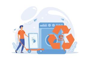 zakenman nemen oud smartphone in kar naar elektronisch verspilling recyclen. e-waste vermindering, elektronica inruilen programma's, gadgets recycling concept.flat vector modern illustratie