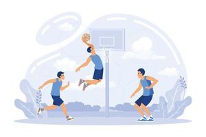 beoefenen basketbal in zomer kamp, klein mensen. basketbal kamp, academie, bereiken basketbal doelen concept. vlak vector illustratie