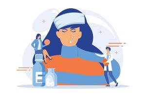 ziek vrouw met griep en verkoudheid symptomen en dokters, klein mensen. seizoensgebonden griep, besmettelijk ademhalings ziekte, influenza virussen behandeling concept. vlak vector modern illustratie