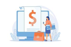 credit kaart transacties. betaling conditie, aankoop termen, online bankieren. vrouw koper gebruik makend van e betaling technologie. zakenvrouw terugkeren geld lening vlak vector modern illustratie