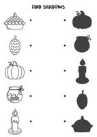 vind de correct schaduwen van zwart en wit herfst accessoires. logisch puzzel voor kinderen. vector