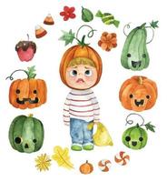 waterverf tekening. reeks van halloween elementen, schattig kind in halloween kostuum, pompoenen en snoepgoed. vector