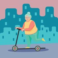 positief actief oud leeftijd vrouw Aan elektro gyro scooter. positief oud ouderen persoon pret werkzaamheid. ouderen bescherming. gebruik makend van eco straat vervoer.