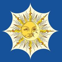 gouden zon en een halve maan maan met een gezicht. ontwerp voor tatoeëren, astrologie, stickers, tarot. vector