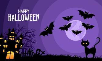 gelukkig halloween achtervolgd huis Bij nacht met vol maan, vleermuizen, begraafplaats en kat silhouetten. vector achtergrond illustratie