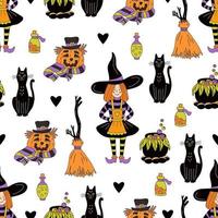 halloween naadloos patroon met weinig heksen, zwart katten, bezems, ketels en flessen van vergiftigen Aan wit achtergrond. hand- getrokken vector illustratie in tekening stijl