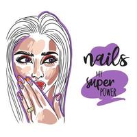 nagels mijn supermacht, handgeschreven citaat, portret van een mooi meisje, lang nagels vector