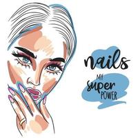 nagels mijn supermacht, handgeschreven citaat, portret van een mooi meisje, lang nagels vector