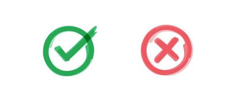 hand- getrokken groen controleren Mark en rood kruis set, geïsoleerd Aan wit achtergrond. voelde tip pen ontwerp. vector