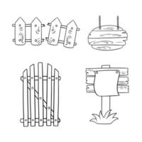 monochroom icoon set, wijnoogst houten voorwerpen, deur, ronde teken en gebroken schutting, vector illustratie in tekenfilm stijl