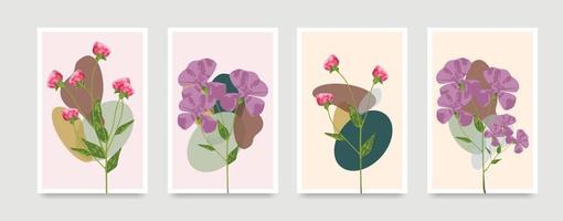 botanische muur kunst vector set. gebladerte lijntekeningen tekenen met abstracte vorm. abstract plantkunstontwerp voor print, omslag, behang, minimale, natuurlijke muurkunst en anderen. vectorillustratie.