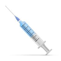 medisch beschikbaar injectiespuit geïsoleerd Aan wit achtergrond. injectiespuit gevulde met blauw medicatie. vaccin injectie, vaccinatie . vlak vector illustratie.