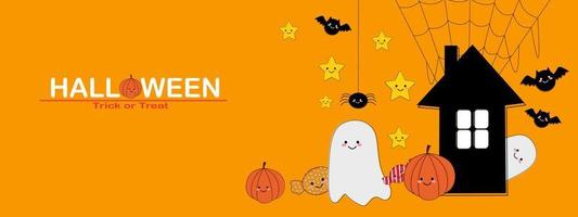 gelukkig halloween banier of partij uitnodiging achtergrond. halloween Aan oranje achtergrond. schattig geest pompoen snoep spin vector