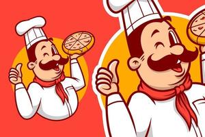chef koken meester met snor tekenfilm mascotte embleem logo vector