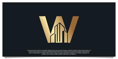 monogram logo ontwerp eerste brief w voor bedrijf met gebouw gouden kleur concept premie vector