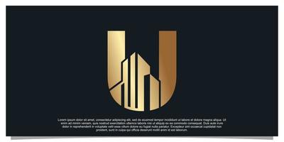 monogram logo ontwerp eerste brief u voor bedrijf met gebouw gouden kleur concept premie vector
