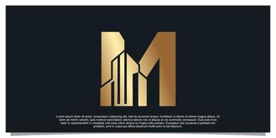 monogram logo ontwerp eerste brief m voor bedrijf met gebouw gouden kleur concept premie vector