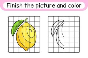 compleet de afbeelding citroen. kopiëren de afbeelding en kleur. af hebben de afbeelding. kleur boek. leerzaam tekening oefening spel voor kinderen vector