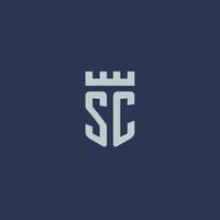 sc logo monogram met vesting kasteel en schild stijl ontwerp vector