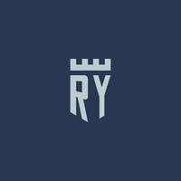 ry logo monogram met vesting kasteel en schild stijl ontwerp vector