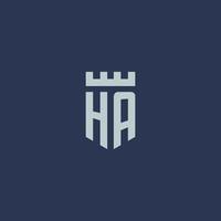 ha logo monogram met vesting kasteel en schild stijl ontwerp vector