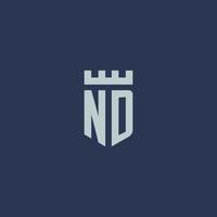 nd logo monogram met vesting kasteel en schild stijl ontwerp vector